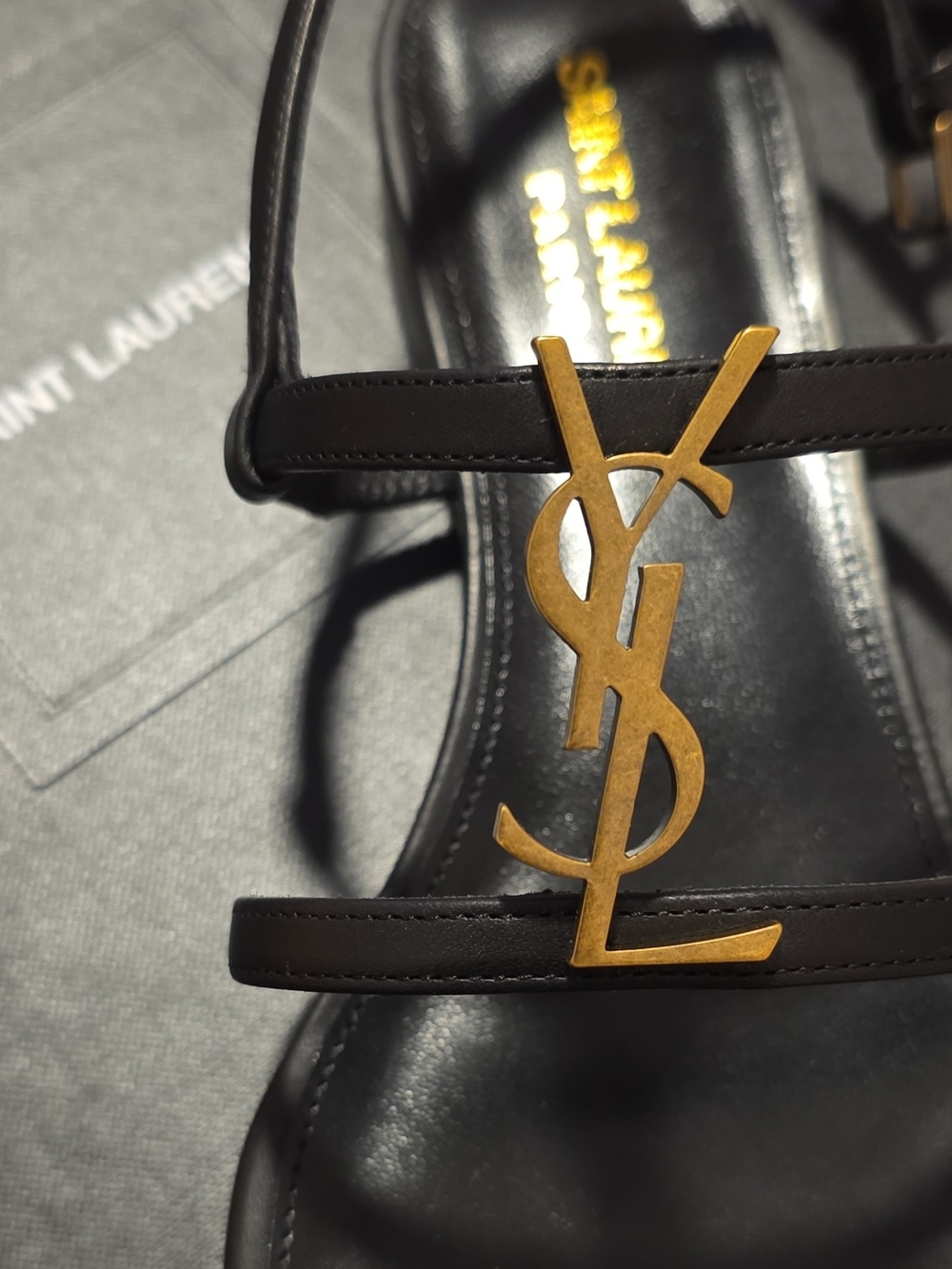 Saint Laurent Black Leather YSL Logo Sandal with Gold Hardware